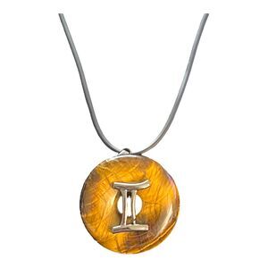 Gemini Zodiac Sign Gunmetal W/NaturalTiger’s Eye Pendant W Cord Astrology NEW